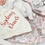 Personalized Cute Floral Elephant Initial Name Baby Security Blanket with Dotted Backing and Embroidery Text Birthday Baby Shower Gift for Boys Girls