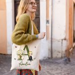 Sac en Toile Personnalisée avec Personnage Fleur de Naissance Initiale Nom Grande Capacité Cadeau Noël Anniversaire pour Femme Fille