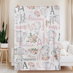 Personalized Cute Floral Elephant Initial Name Baby Security Blanket with Dotted Backing and Embroidery Text Birthday Baby Shower Gift for Boys Girls
