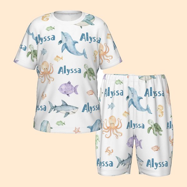 Gepersonaliseerde Watercolor Oceaan Dieren Zachte Kinderpyjama T-shirt Shorts Set met Naam Veelkleurig Verjaardag Kerstcadeau voor Jongens Meisjes