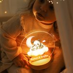 Veilleuse LED Personnalisée avec Nom Maman et Bébé Animaux Lune Nuage Décoration de Chambre avec Socle en Bois Cadeau Anniversaire Noël pour Enfant