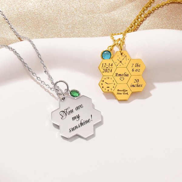 Personalized Baby Birth Stats Honeycomb Necklace with Birthstone Newborn Birth Announcement Christmas Mother's Day Gift for New Mom