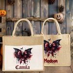 Personalizzato Gotico Teschio Sanguinante Pipistrello Fiocco Grande Capacità Borsa Tote di Juta con Nome Spaventoso Regalo di Halloween per Donne Amanti del Gotico