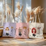 Bolsa de lona personalizada con personaje de dibujos animados y flor regalo de cumpleaños para mujeres y niñas