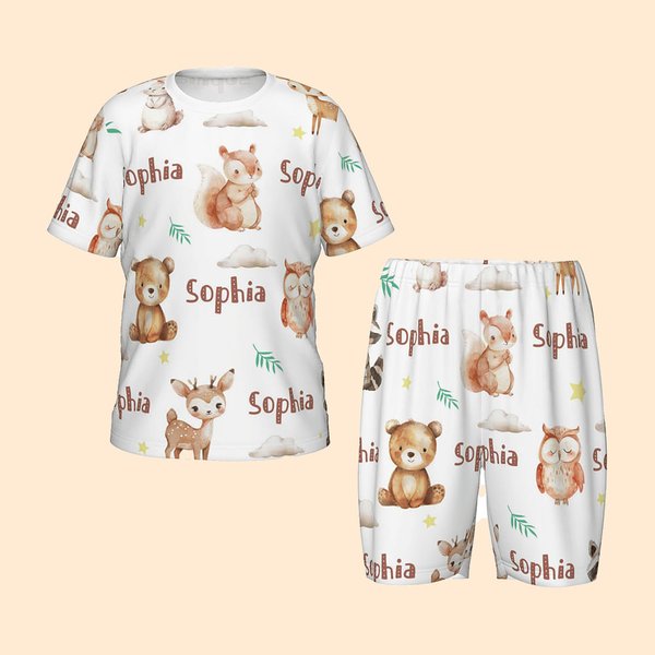 Gepersonaliseerde Aquarel Bosdieren Zachte Kinderpyjama T-shirt Shorts Set met Naam Veelkleurig Verjaardag Kerstcadeau voor Jongens Meisjes