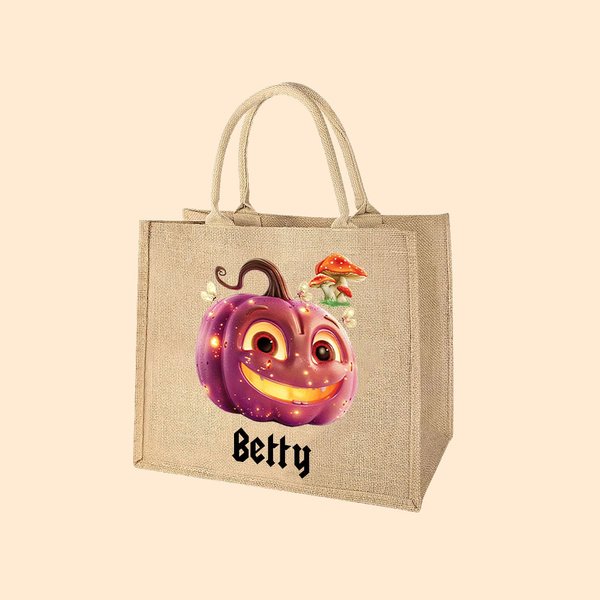 Personalizado Cute Pumpon Mushroom Calabaza reutilizables Trick or Treat Bolsa de yute con nombre Beach Halloween Party Regalo para Mujeres Niñas