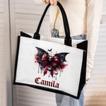 Cráneo gótico personalizado Bloody Bat Bow Bolsa de lona grande con nombre y forro impermeable Regalo de Halloween para las mujeres Gothic Lover