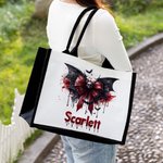 Cráneo gótico personalizado Bloody Bat Bow Bolsa de lona grande con nombre y forro impermeable Regalo de Halloween para las mujeres Gothic Lover