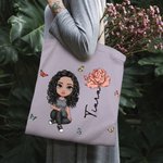 Bolsa de lona personalizada con personaje de dibujos animados y flor regalo de cumpleaños para mujeres y niñas