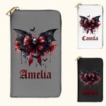 Personifierad Gothic Dripping Font Skull Bat Bow PU läderplånbok med namn Halloween Födelsedagspresent för kvinnor Gothic Lover