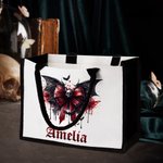Cráneo gótico personalizado Bloody Bat Bow Bolsa de lona grande con nombre y forro impermeable Regalo de Halloween para las mujeres Gothic Lover