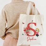 Sac en Toile Personnalisée avec Personnage Fleur de Naissance Initiale Nom Grande Capacité Cadeau Noël Anniversaire pour Femme Fille