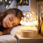 Veilleuse LED Personnalisée avec Nom Maman et Bébé Animaux Lune Nuage Décoration de Chambre avec Socle en Bois Cadeau Anniversaire Noël pour Enfant