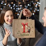 Personalisierte Cartoon-Charakter Weihnachtsschleife Tragetasche mit Namen Initiale Jute-Tasche Tote Bag Weihnachtsgeschenk für Familie Freunde