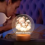 Veilleuse LED Personnalisée avec Nom Maman et Bébé Animaux Lune Nuage Décoration de Chambre avec Socle en Bois Cadeau Anniversaire Noël pour Enfant