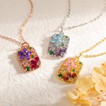 Personalized Retro Flower Petals Birthstones Hollow Rectangle Frame Pendant Necklace Dainty Jewelry Birthday Anniversary Gift for Women