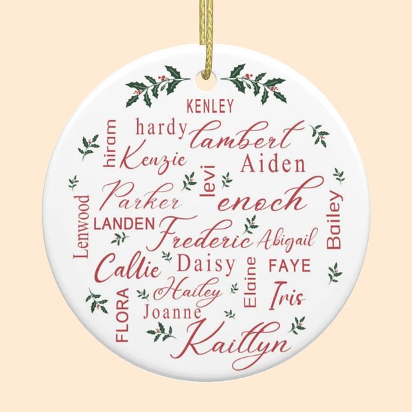Ornamento in ceramica bifacciale personalizzato con nuvola di parole, con 1-12 nomi, regalo di Natale per la famiglia