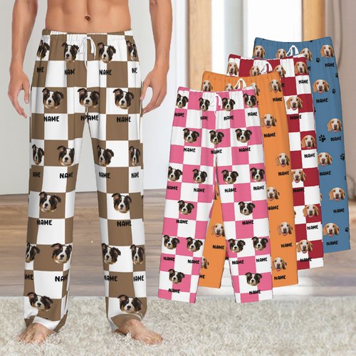 Personalised Dog Cat Face Photo Multicolour Plaid Name Pyjama Bottoms with Drawstring Waist Birthday Christmas Gift for Women Men Pet Lovers