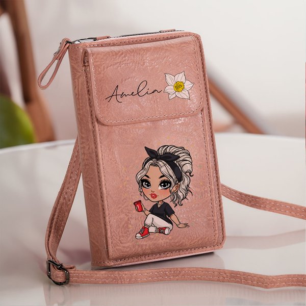 Henkilökohtainen muoti sarjakuva tyttö nahka kannettava Crossbody laukku lompakko nimi ja syntymä kukka Travel Essentials syntymäpäivälahja hänelle lahja hänelle
