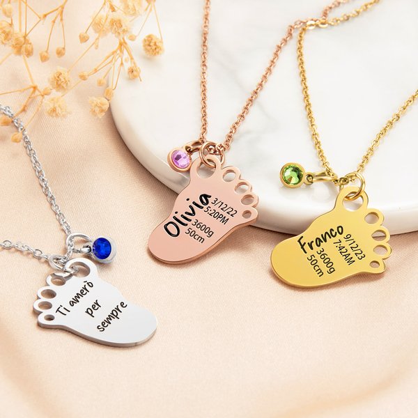 Collana personalizzata con ciondolo a forma di piede con pietra e data di nascita regalo perfetto per babyshower per neonati