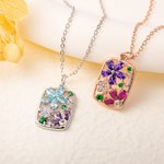 Personalized Retro Flower Petals Birthstones Hollow Rectangle Frame Pendant Necklace Dainty Jewelry Birthday Anniversary Gift for Women