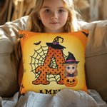 Henkilökohtainen Cartoon Vampire Witch Soft Throw tyynyn kansi Initial ja nimi Home Decor Halloween lahja pojille tytöille