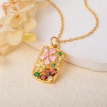Personalized Retro Flower Petals Birthstones Hollow Rectangle Frame Pendant Necklace Dainty Jewelry Birthday Anniversary Gift for Women