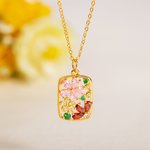 Personalized Retro Flower Petals Birthstones Hollow Rectangle Frame Pendant Necklace Dainty Jewelry Birthday Anniversary Gift for Women