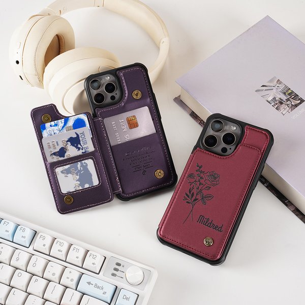 Personalised PU Leather Flip Wallet Phone Case for iPhone with Birth Flower Name Card Holder Birthday Gift for Family Friend