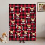 Couverture Douce Personnalisée avec Photo de Visage de Chien Chat et 1 à 3 Noms Motif Écossais Coloré de Noël Cadeau pour Propriétaires d’Animaux