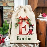 Sac d'emballage de Noël personnalisé avec nom et noeud Initiale Cadeau de Noël pour enfants Famille
