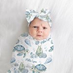 Personalized Blue Turtle Ocean Theme Receiving Blanket Swaddle Hat Headband Set with Name Coming Home Outfit Baby Shower Gift for Newborns
