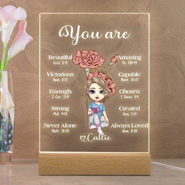 Personalised You Are Beautiful Acrylic LED Night Light with Wooden Base with Birth Flower Christian Christmas Gift for Christian Women