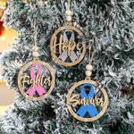 Ornement personnalisé en bois avec ruban gravé de sensibilisation au cancer et nom de l'année Décoration de l'arbre de Noël Cadeau de survivant pour les femmes qui luttent contre le cancer