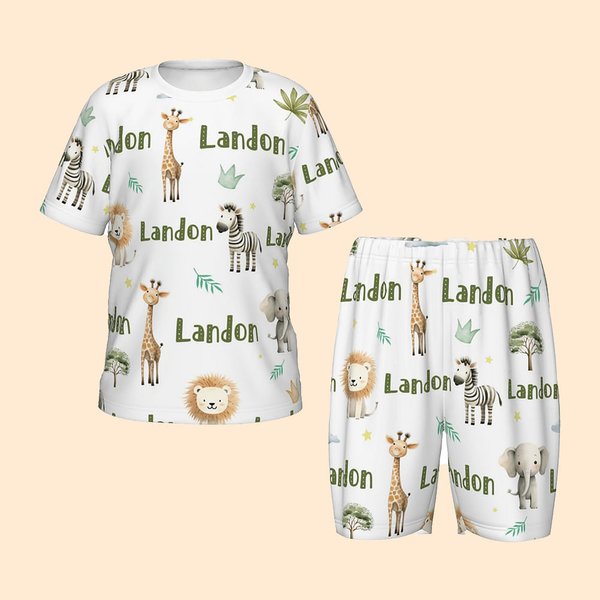 Personlig akvarell Safari djur mjuk barnpyjamas T-shirt shorts set med namn Multicolor födelsedag julklapp för pojkar flickor