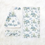Personalized Blue Turtle Ocean Theme Receiving Blanket Swaddle Hat Headband Set with Name Coming Home Outfit Baby Shower Gift for Newborns