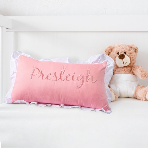 Personalized Embroidered Monogrammed Name Throw Pillow Cover with Ruffles Baby Shower Housewarming Gift for Newborn New Mom