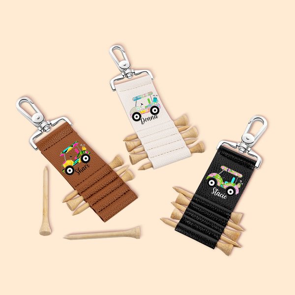 Personalized Golf Cart Portable Leather Golf Tee Holder with Name and 5 Pcs Bamboo Tees Birthday Sport Accessories Gift for Golf Players