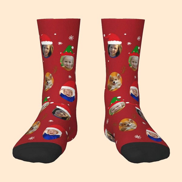 Personalized Funny 1 - 4 Face Photo Design Soft Crew Socks with Santa Hat Elk Snowflake Elements Christmas Gift for Kids Family