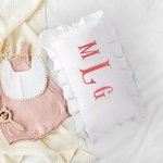 Personalized Embroidered Monogrammed Name Throw Pillow Cover with Ruffles Baby Shower Housewarming Gift for Newborn New Mom