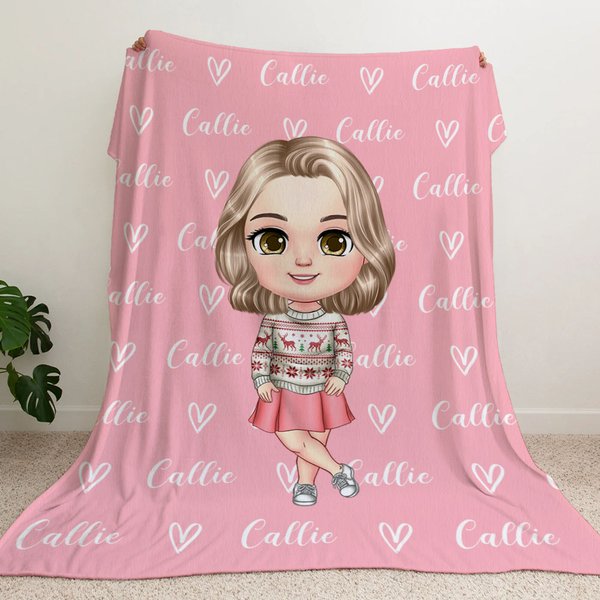 Personalisierte Niedliche Elch Cartoon-Figur Kuscheldecke mit Namen Herzen Weihnachten Geburtstag Geschenk für Mädchen Jungen
