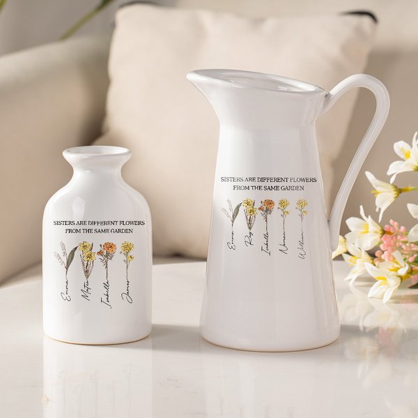 Personalised 1-10 Birth Flowers Ceramic Flower Vase with Names Housewarming Christmas Indoor Home Decor Gift for Sister Best Friend