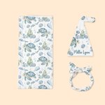 Personalized Blue Turtle Ocean Theme Receiving Blanket Swaddle Hat Headband Set with Name Coming Home Outfit Baby Shower Gift for Newborns
