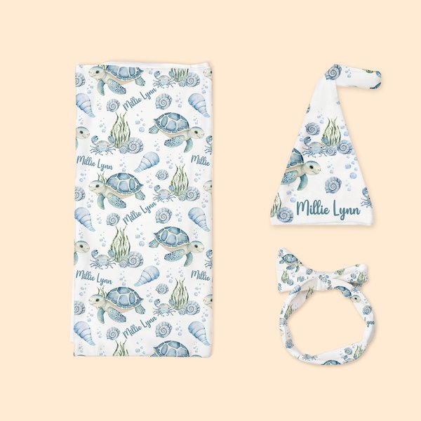 Personalised Blue Turtle Ocean Theme Receiving Blanket Swaddle Hat Headband Set with Name Coming Home Outfit Baby Shower Gift for Newborns