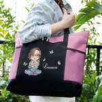Personalisierte Cartoon-Figur Tragetasche mit Namen Geburtsblumenstrauß Reißverschluss Tote Bag Geburtstag Weihnachten Geschenk für Familie Freunde