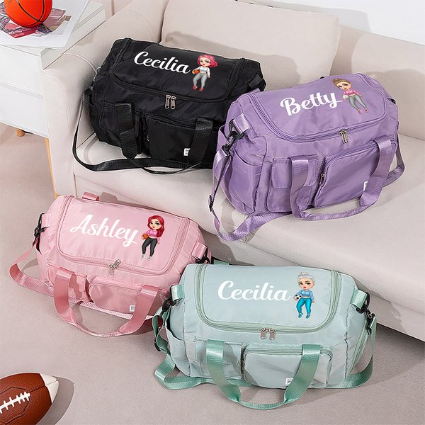 Personalized Cartoon Sport Girl with Basketball Baseball Design Weekend Bag with Shoulder Strap & Name Travel Accessories Gift for for Sports Lover