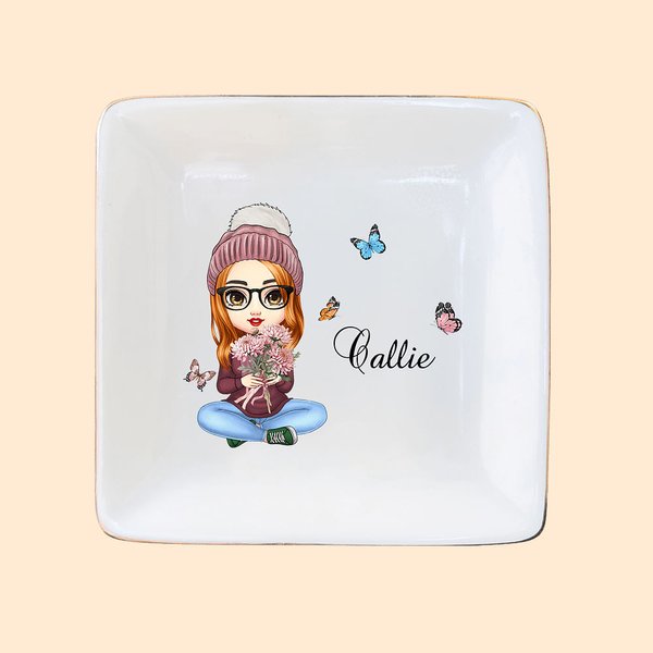 Plat à bijoux en céramique avec nom Personnalisé Personnage de dessin animé Bouquet de fleurs de naissance Anniversaire Fête de mariage Cadeau de mari