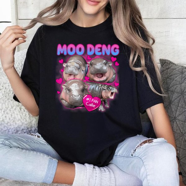 Spersonalizowany różowy Love Heart Cute Moo Deng Baby Hippo Unisex Bootleg T-shirt Bluza z imieniem Prezent urodzinowy dla fanów Moo Deng Miłośnicy