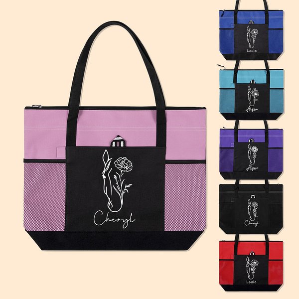 Personlig Häst Födelse Blomma Oxford Stor Tote Bag med Namn Resa Essentials Födelsedagspresent för kvinnor Vänner