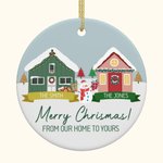 Personalised From Our Home To Yours Cabin Snowman Ceramic Ornament with 2 Family Names Christmas Tree Decor Gift for Neighbor Family